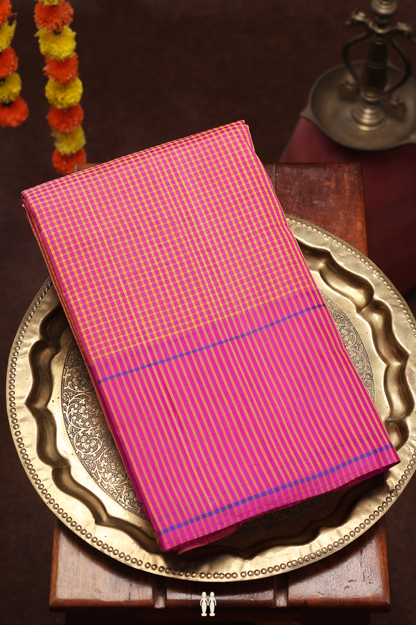 Koorainadu Silk Cotton Saree Magenta And Orange With Checks