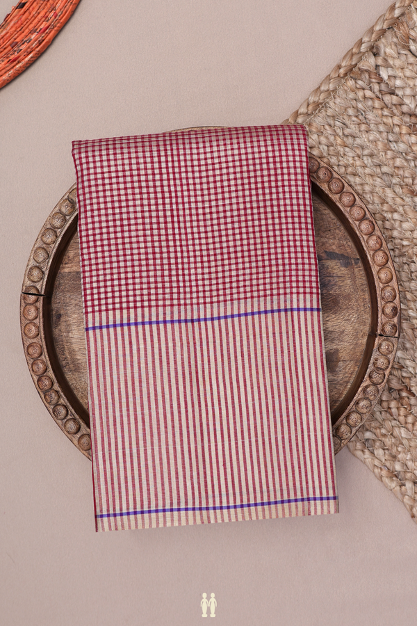 Koorainadu Silk Cotton Saree Red And Beige With Checks Design