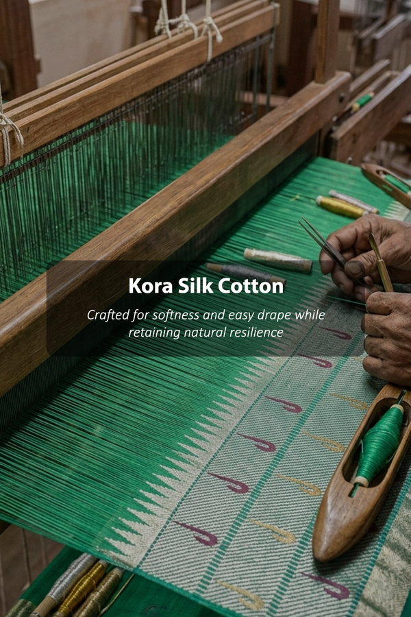 Kora Silk Cotton Saree In Green With Zari Buttis