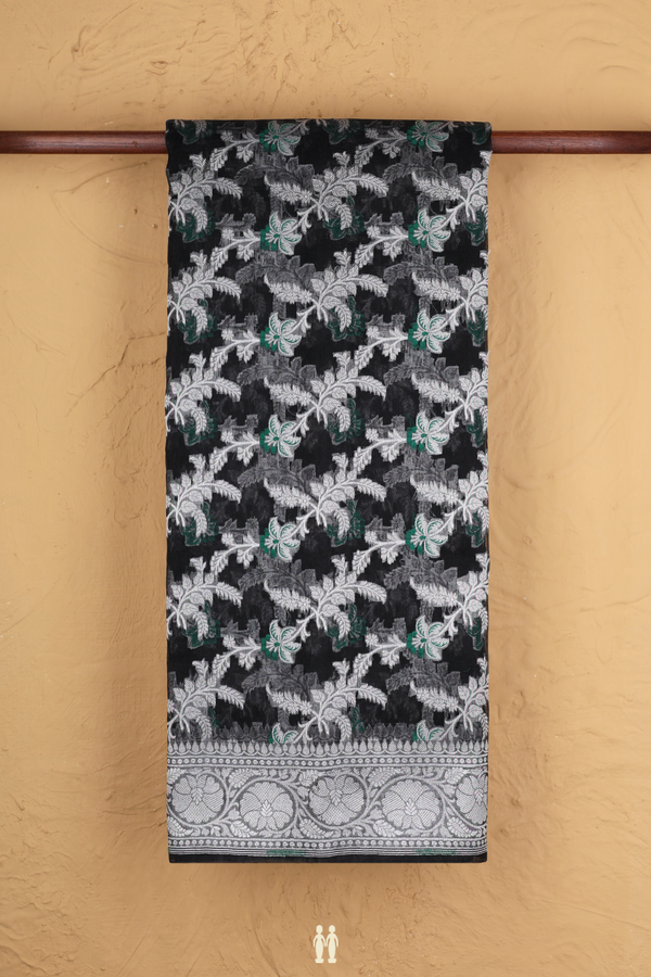 Kora Banarasi Silk Saree In Black With Floral Design