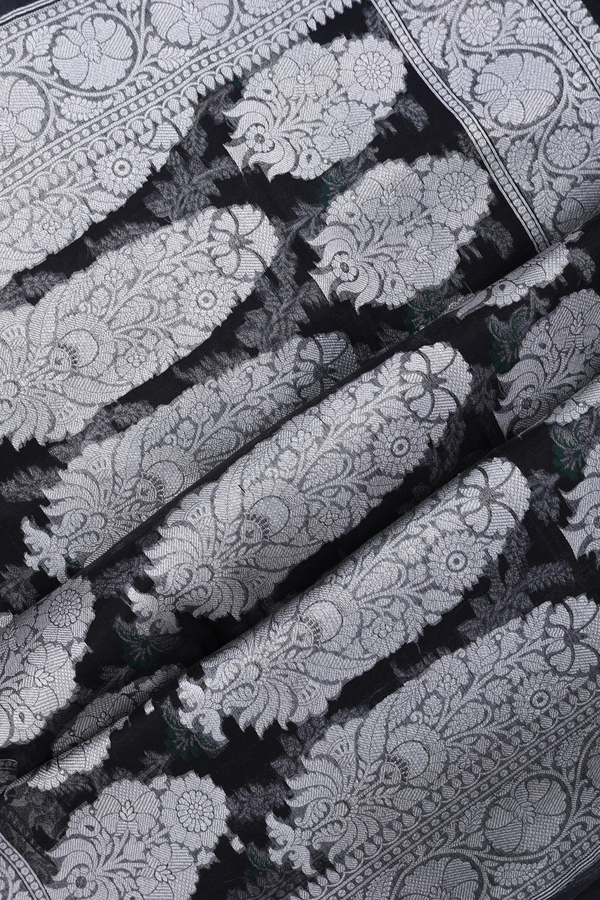 Kora Banarasi Silk Saree In Black With Floral Design