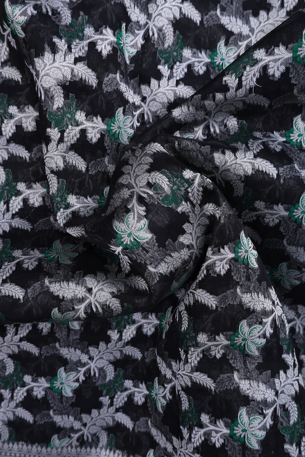 Kora Banarasi Silk Saree In Black With Floral Design