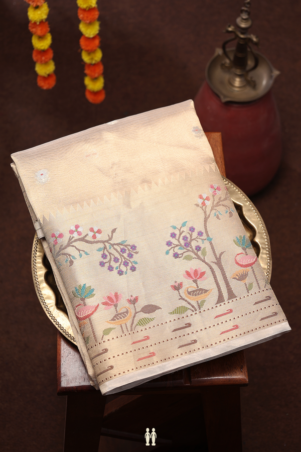 Kora Banarasi Silk Saree In Brown Tissue With Floral Buttas