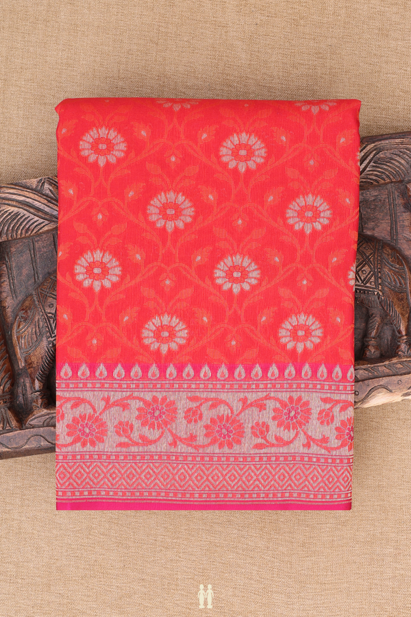 Kora Banarasi Silk Saree In Chilli Red With Flora Design