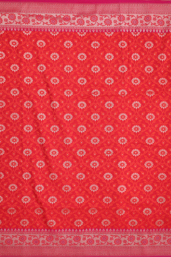 Kora Banarasi Silk Saree In Chilli Red With Flora Design