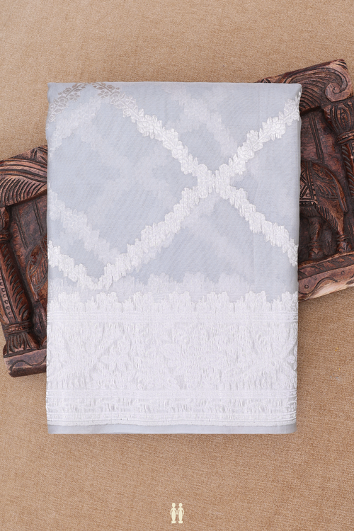 Kora Banarasi Silk Saree In Grey With Diamond Design