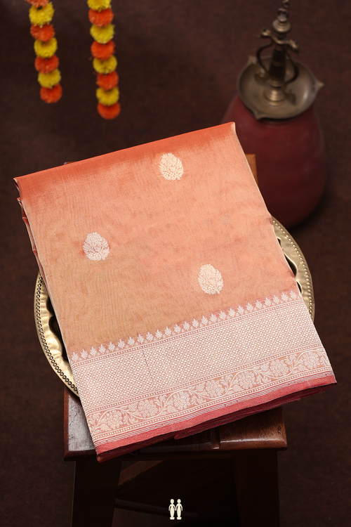 Kora Banarasi Silk Saree In Orange Tissue With Floral Buttas