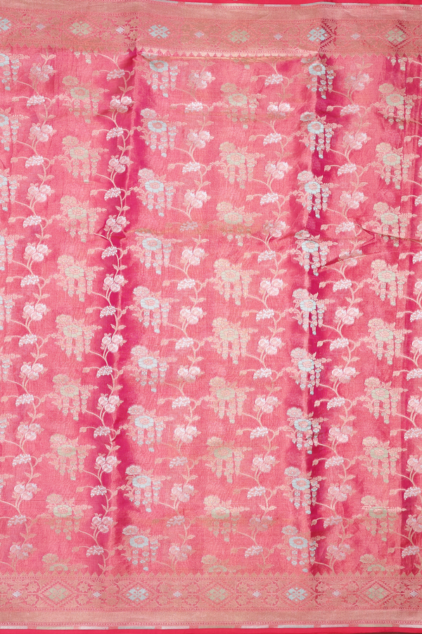 Kora Banarasi Silk Saree In Pink Tissue With Floral Design