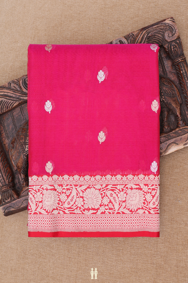 Kora Banarasi Silk Saree In Rani Pink With Floral Buttas