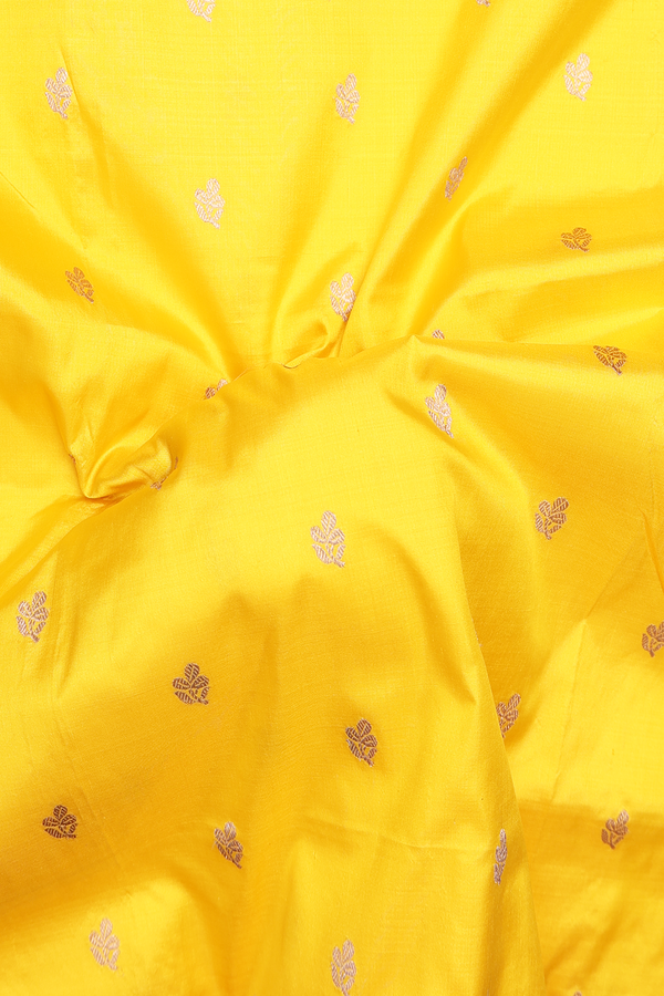 Banarasi Silk Saree In Saffron Yellow With Floral Buttas