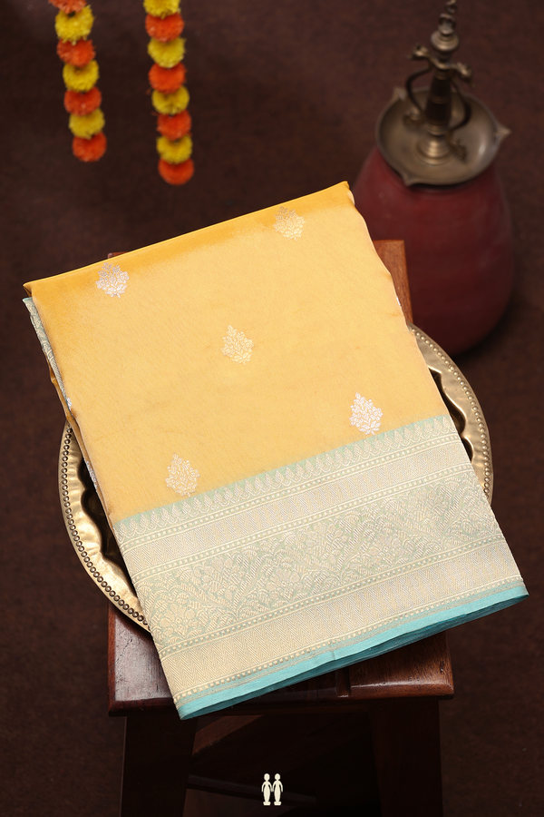 Kora Banarasi Silk Saree In Yellow Tissue With Floral Buttas