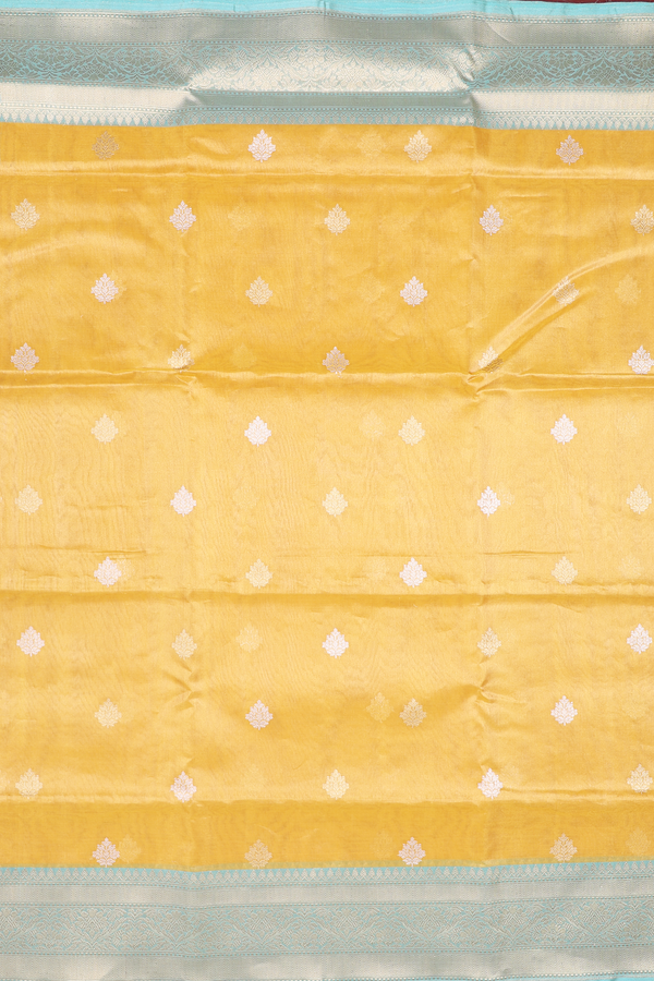 Kora Banarasi Silk Saree In Yellow Tissue With Floral Buttas