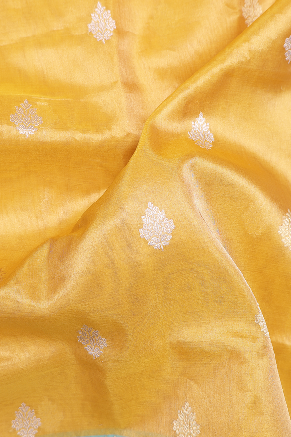 Kora Banarasi Silk Saree In Yellow Tissue With Floral Buttas
