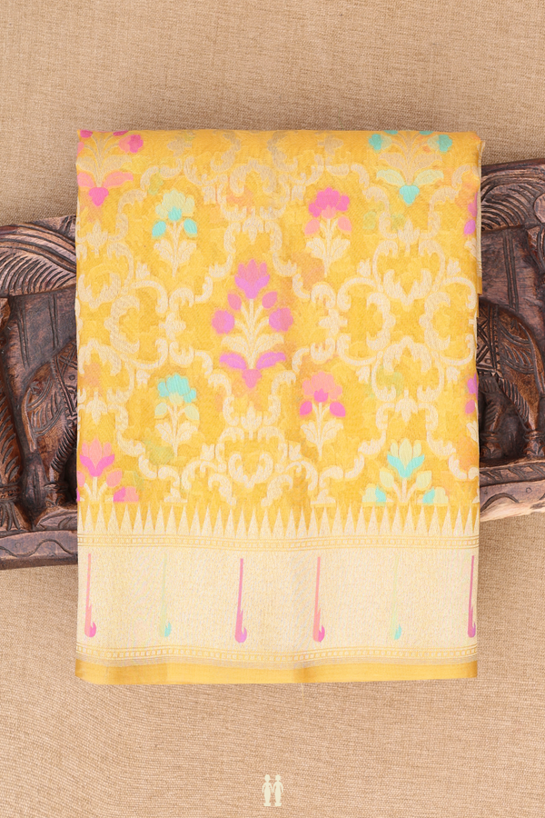 Kora Banarasi Silk Saree In Yellow With Allover Design