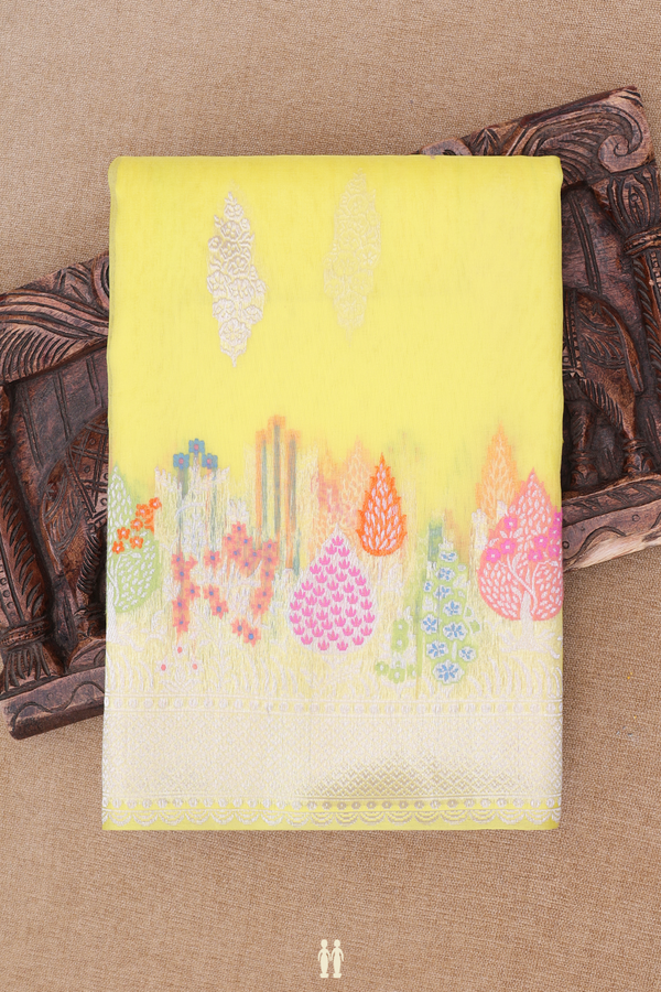 Kora Banarasi Silk Saree In Yellow With Zari Motifs