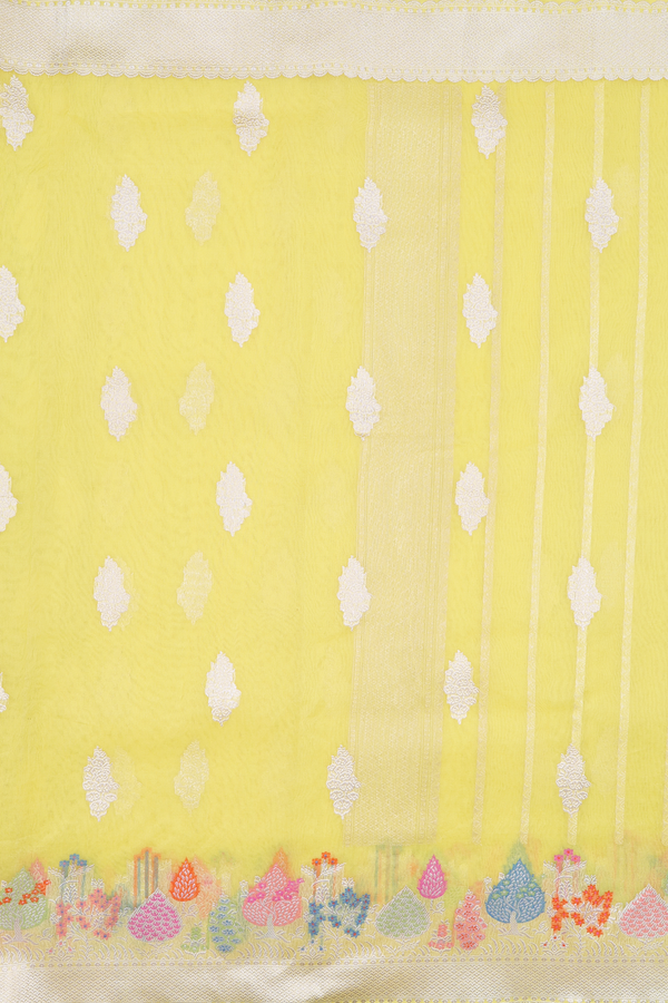 Kora Banarasi Silk Saree In Yellow With Zari Motifs