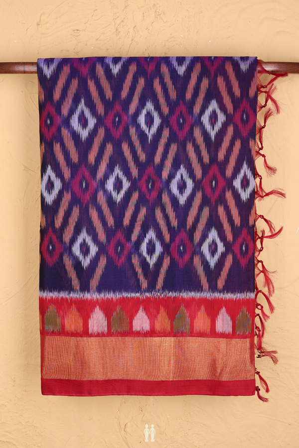 Kora Silk Cotton Saree In Royal Blue With Printed Design