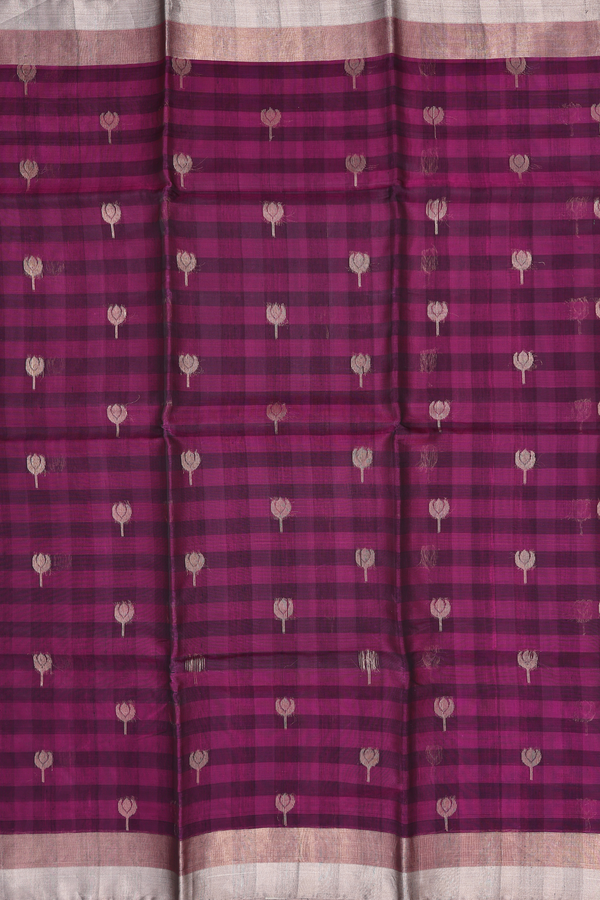 Kora Silk Cotton Saree In Berry Purple With Floral Buttas