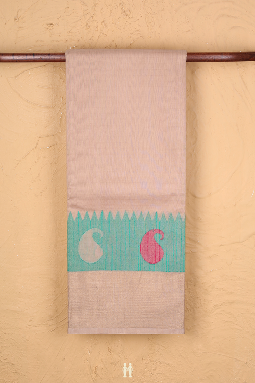 Kora Silk Cotton Saree In Biscuit Color With Paisley Border