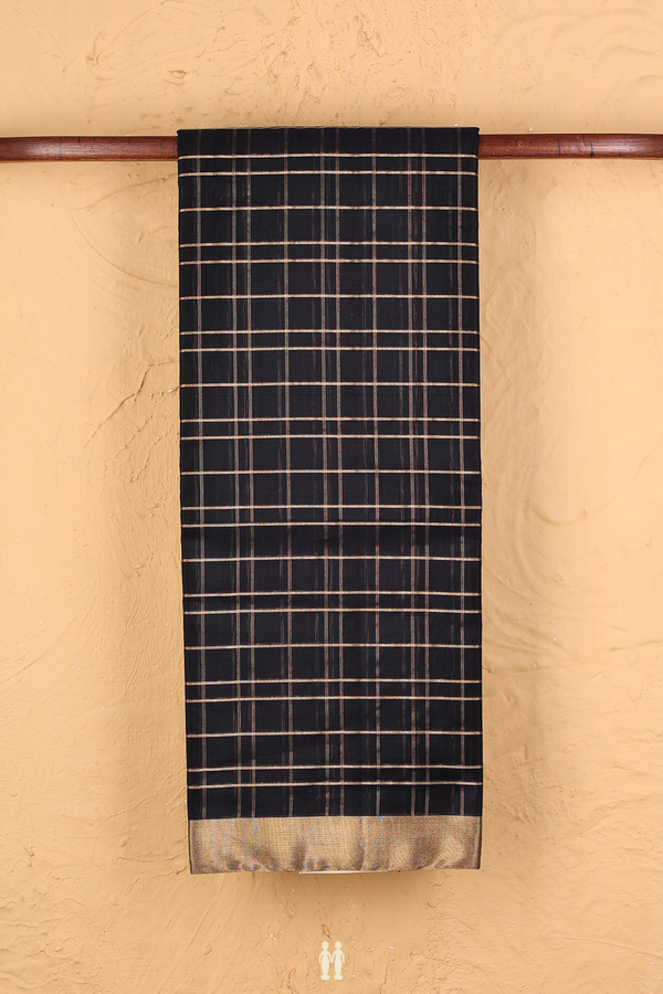Kora Silk Cotton Saree In Black With Checks Design