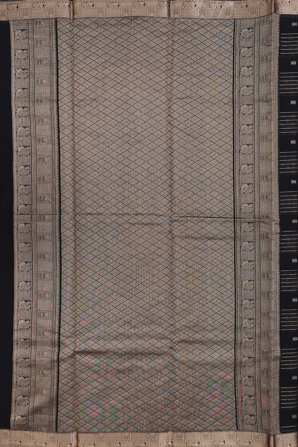 Kora Silk Cotton Saree In Black With Checks Design