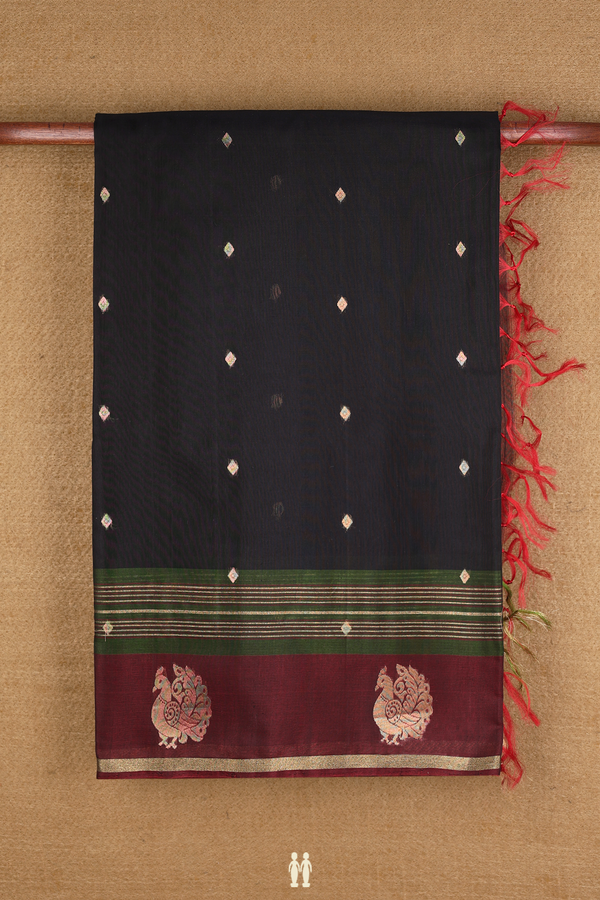 Kora Silk Cotton Saree In Black With Diamond Zari Buttis