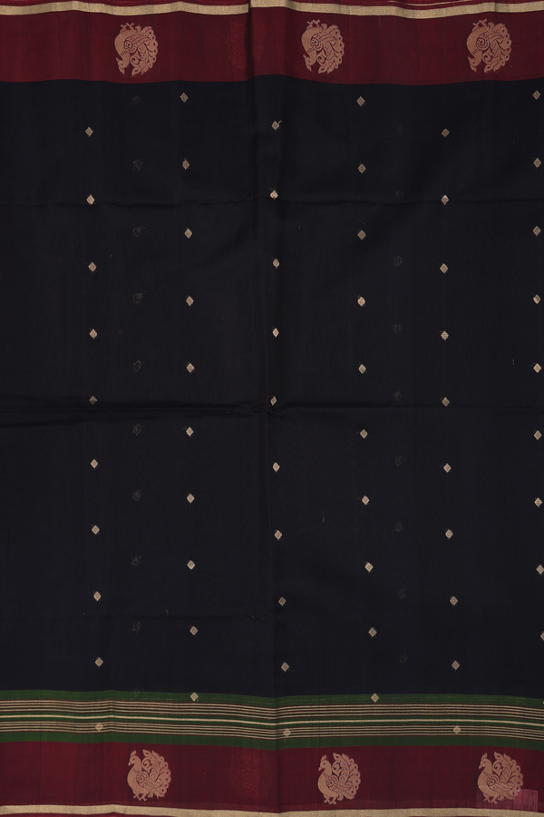 Kora Silk Cotton Saree In Black With Diamond Zari Buttis