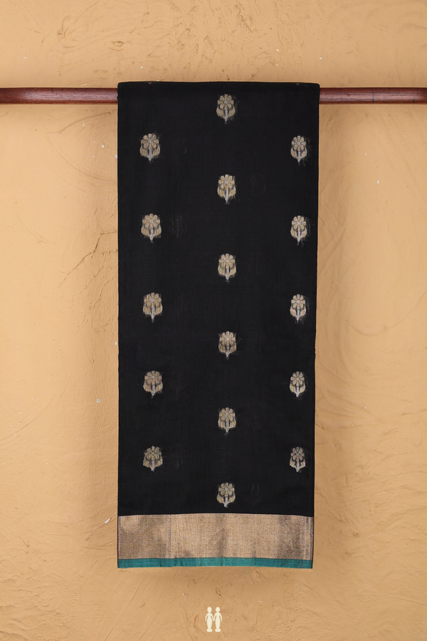 Kora Silk Cotton Saree In Black With Floral Buttas