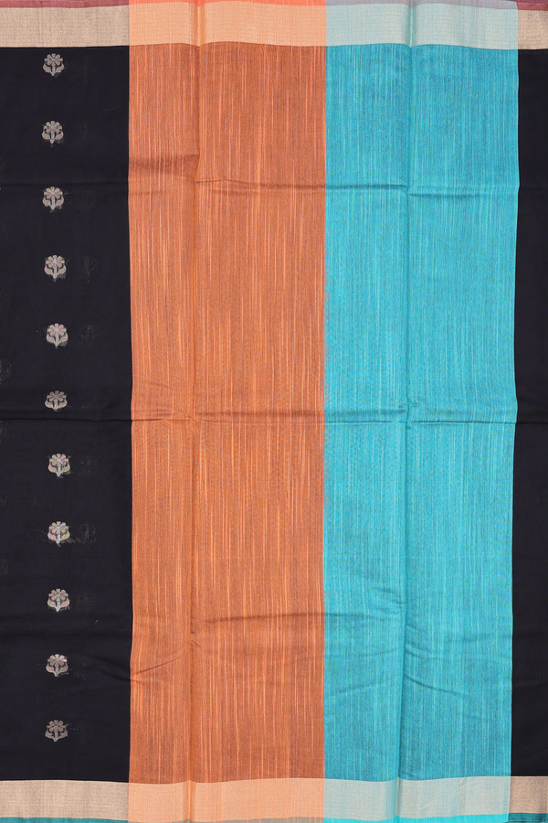 Kora Silk Cotton Saree In Black With Floral Buttas