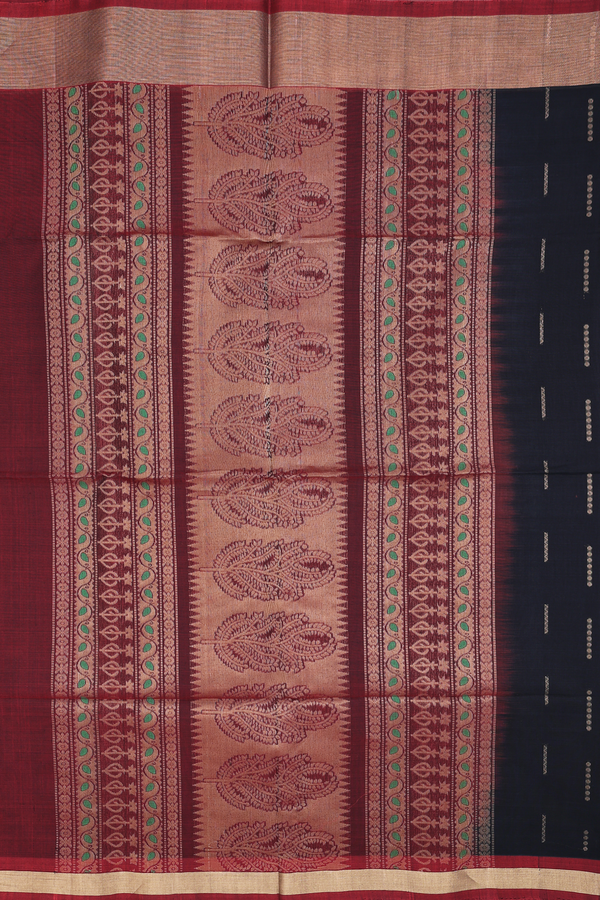 Kora Silk Cotton Saree In Black With Floral Buttas