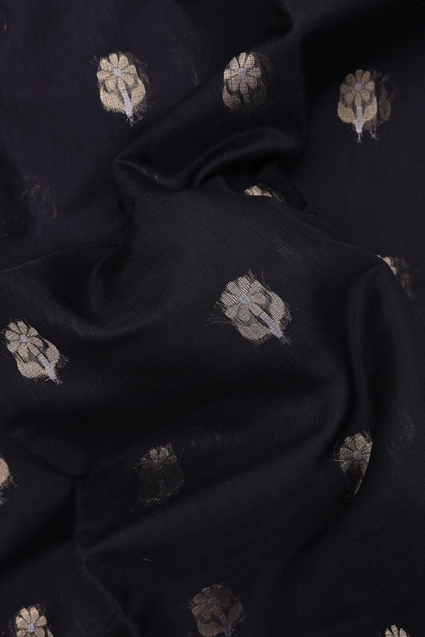 Kora Silk Cotton Saree In Black With Floral Buttas