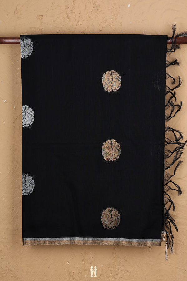 Kora Silk Cotton Saree In Black With Peacock Motifs