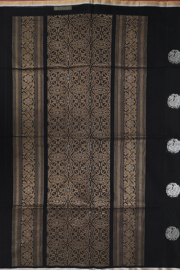 Kora Silk Cotton Saree In Black With Peacock Motifs