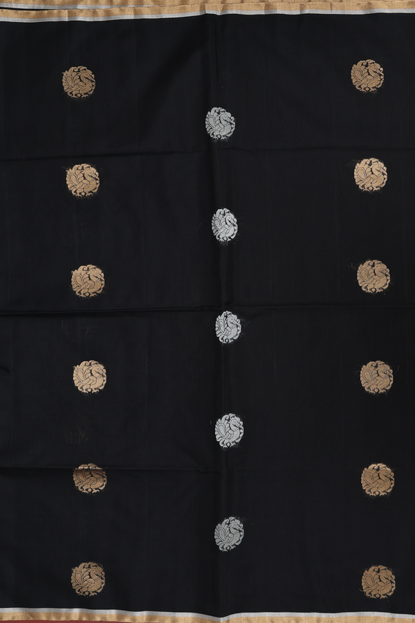 Kora Silk Cotton Saree In Black With Peacock Motifs