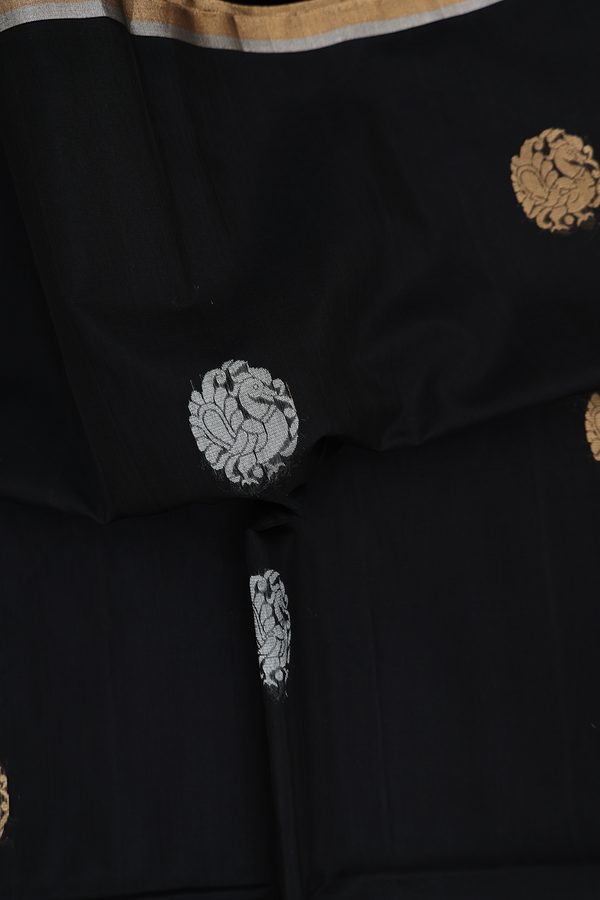 Kora Silk Cotton Saree In Black With Peacock Motifs