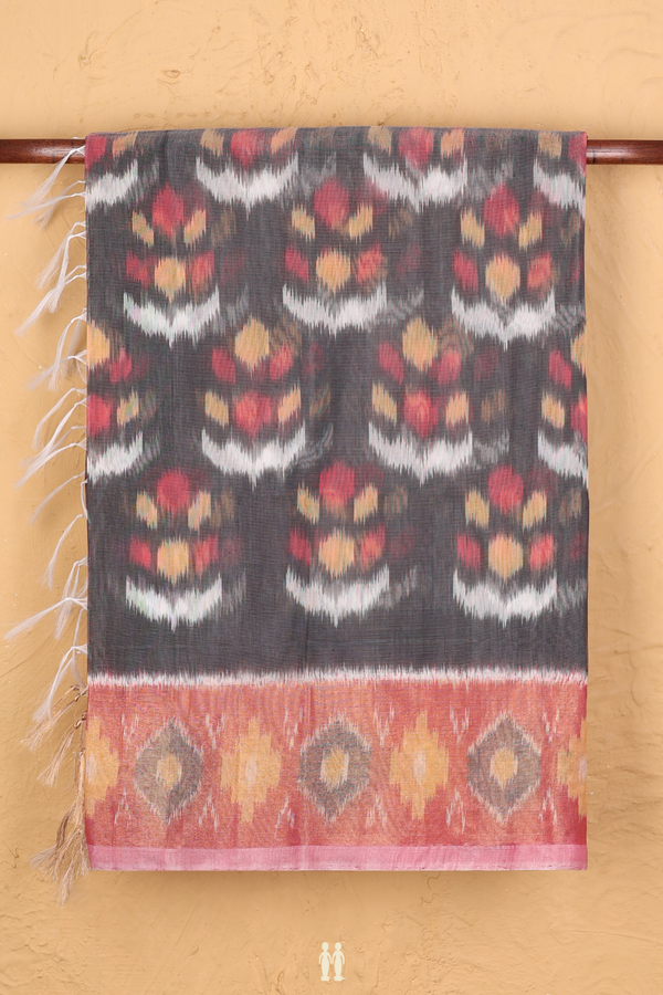 Kora Silk Cotton Saree In Black With Ikat Design