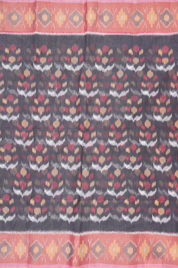 Kora Silk Cotton Saree In Black With Ikat Design