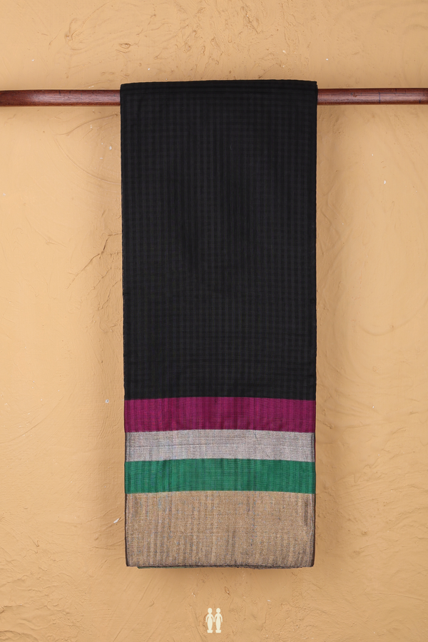 Kora Silk Cotton Saree In Black With Self Checks Design