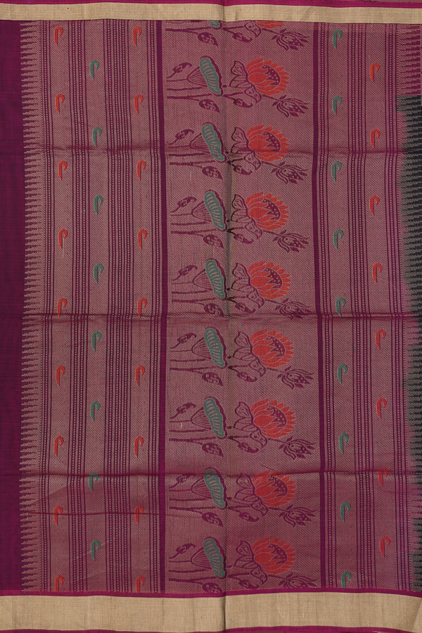 Kora Silk Cotton Saree In Black With Threadwork Buttas