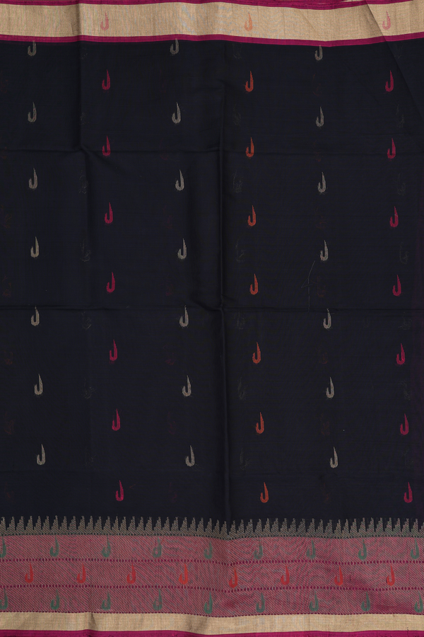 Kora Silk Cotton Saree In Black With Threadwork Buttas