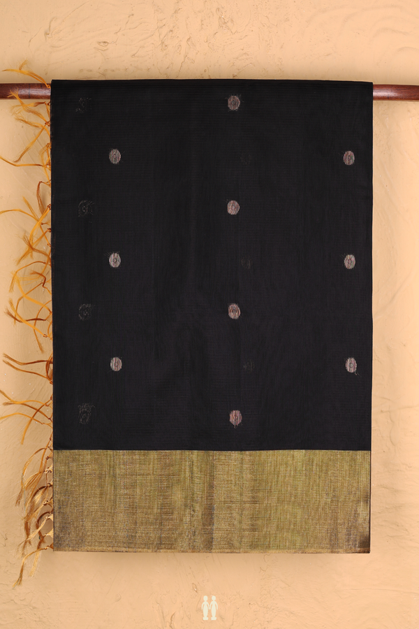 Kora Silk Cotton Saree In Black With Zari Buttas