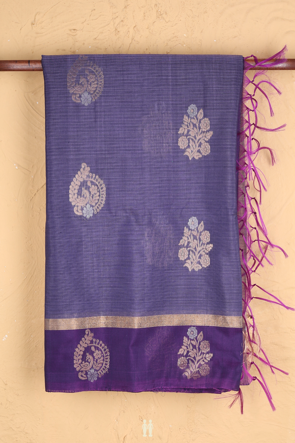 Kora Silk Cotton Saree In Purplish Blue With Floral Motifs