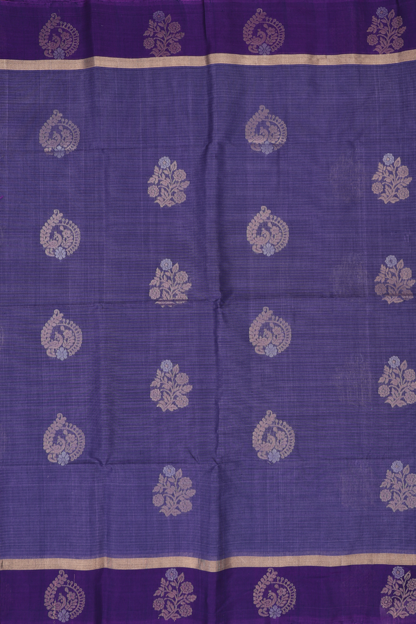 Kora Silk Cotton Saree In Purplish Blue With Floral Motifs