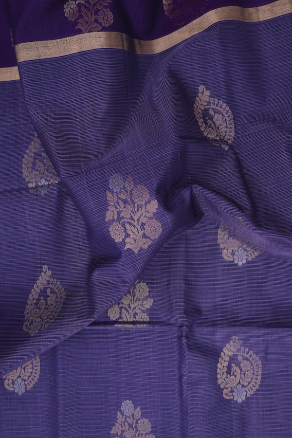 Kora Silk Cotton Saree In Purplish Blue With Floral Motifs