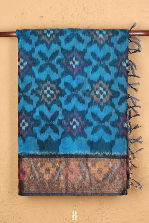 Kora Silk Cotton Saree In Blue With Ikat Design