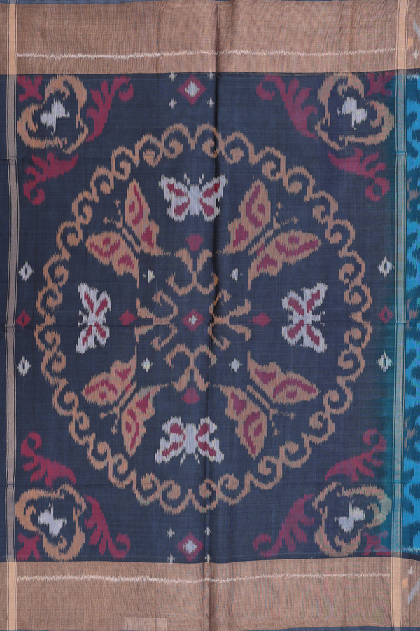 Kora Silk Cotton Saree In Blue With Ikat Design