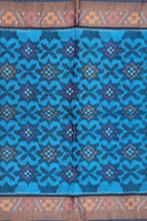 Kora Silk Cotton Saree In Blue With Ikat Design