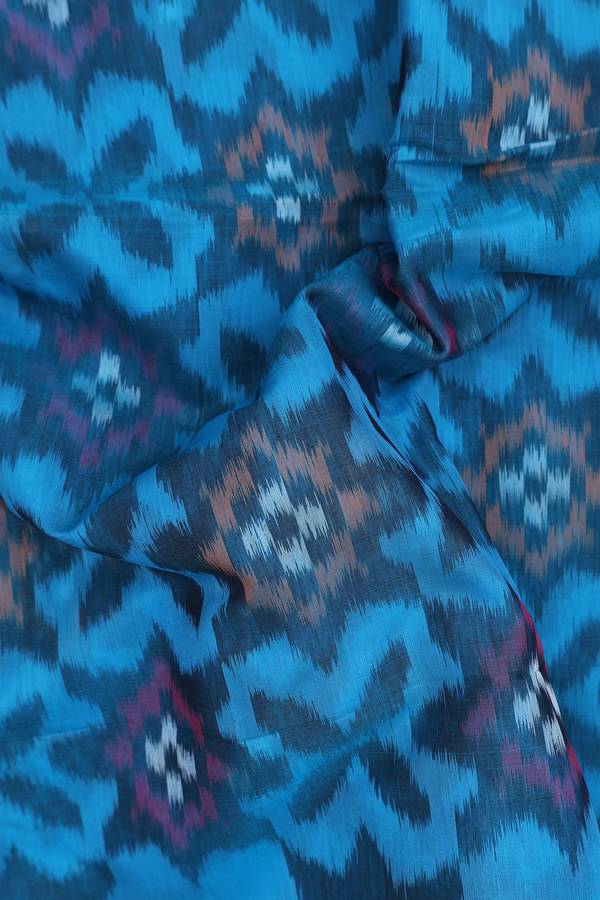 Kora Silk Cotton Saree In Blue With Ikat Design