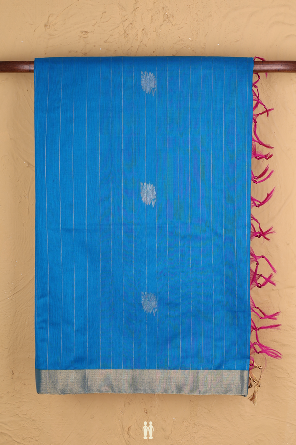 Kora Silk Cotton Saree In Blue With Stripes Design
