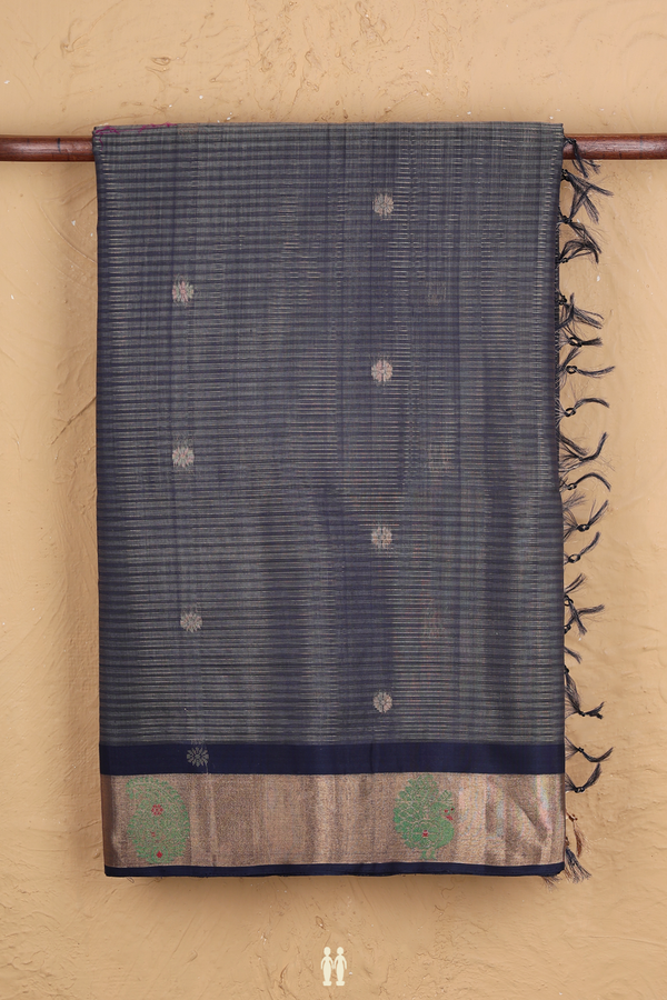 Kora Silk Cotton Saree In Blue With Stripes Design